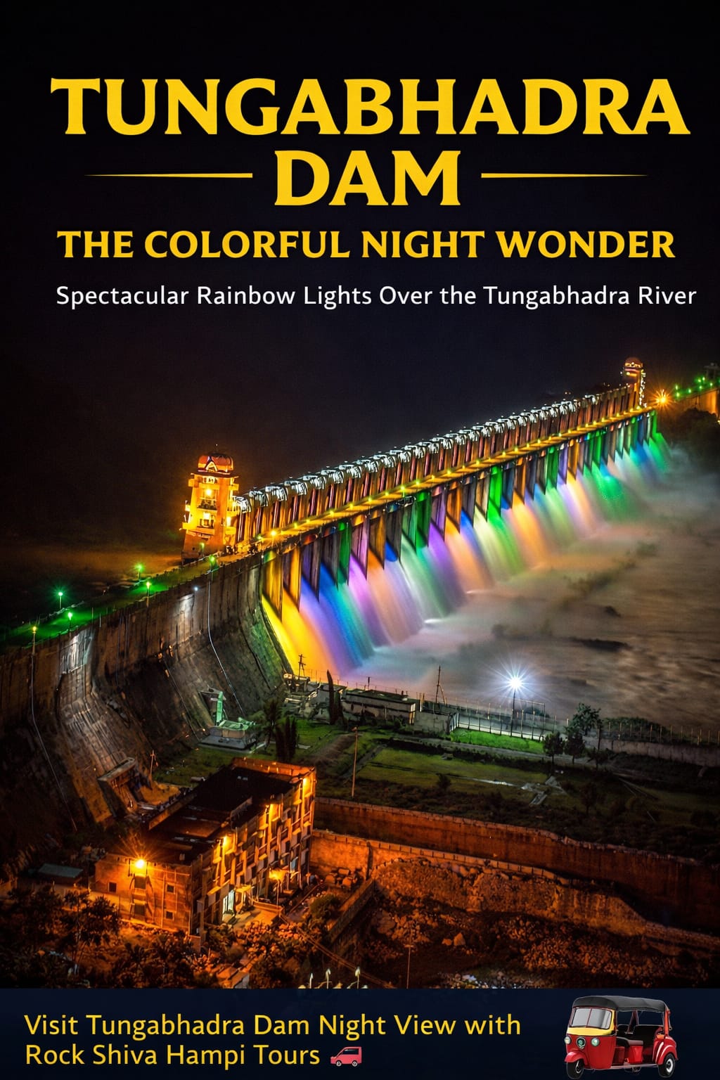 Tungabhadra Dam spectacular colourful night illumination aerial view