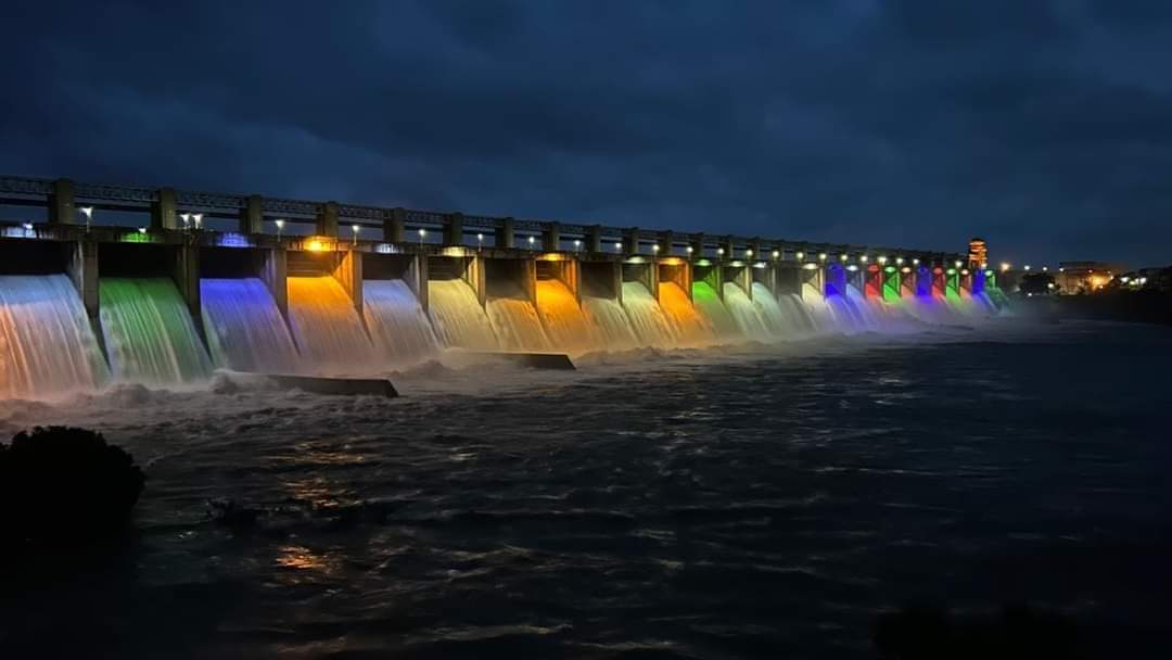 Tungabhadra Dam rainbow night lights near Hampi